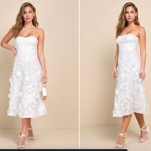 Delightful Romance White Floral 3D Strapless Lace-Up Midi Dress